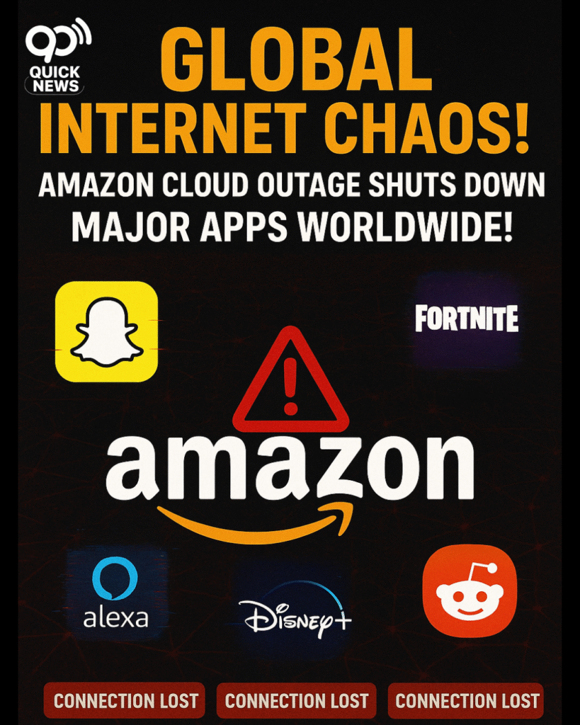 Amazon Web Services outage affects major global platforms including Snapchat, Fortnite, Alexa, Disney+, and Reddit — massive cloud disruption visual concept