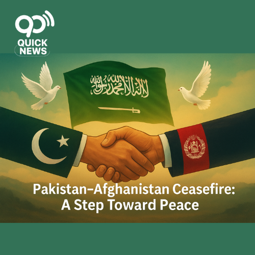 “Digital artwork showing Pakistan and Afghanistan flags with handshake symbolizing peace, Saudi Arabia flag in background supporting ceasefire, doves flying in sky representing regional harmony