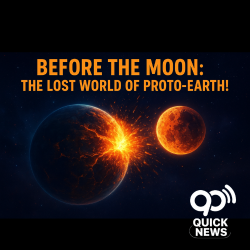 Artistic illustration of Earth colliding with Theia, showing molten debris forming the Moon — representing the discovery of ancient proto-Earth traces.