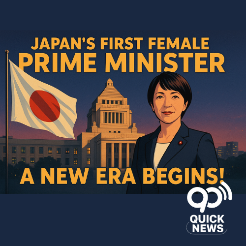 Japan’s first female Prime Minister Sanae Takaichi standing in front of Japan’s parliament with national flag — symbolizing historic political change and women’s empowerment.