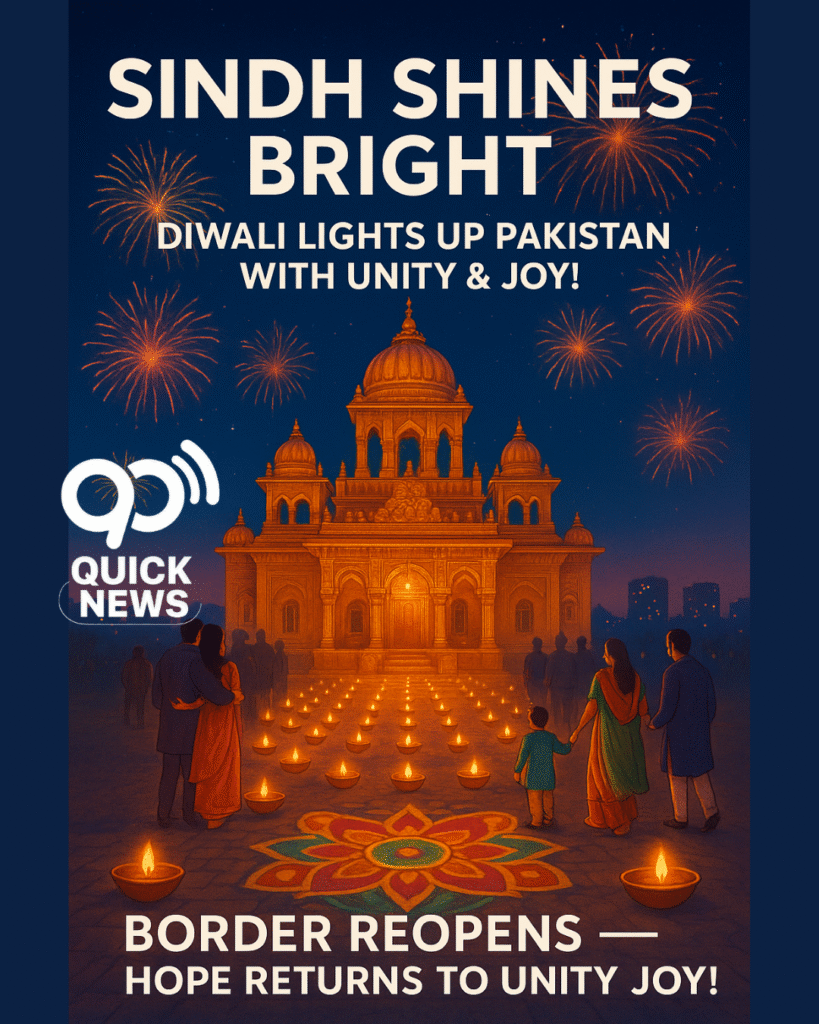 Beautiful Diwali celebration at a Hindu temple in Karachi with glowing diyas, colorful Rangoli, and fireworks lighting up the night sky in Sindh, Pakistan.