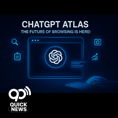 A futuristic digital illustration of ChatGPT Atlas browser interface glowing with AI icons, symbolizing the fusion of artificial intelligence and web browsing