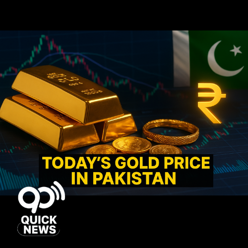 Shiny gold bars and jewelry displayed over a price chart showing today’s changing gold rates in Pakistan.