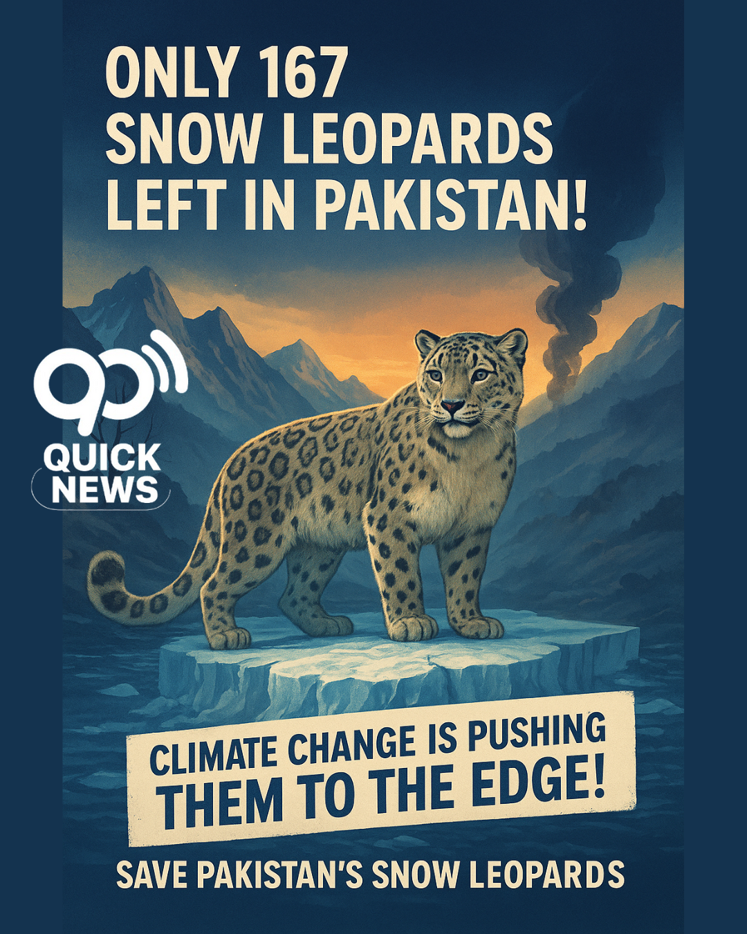 Digital artwork of a snow leopard standing on a melting glacier in Gilgit-Baltistan, symbolizing wildlife extinction, climate change, and conservation efforts in Pakistan.