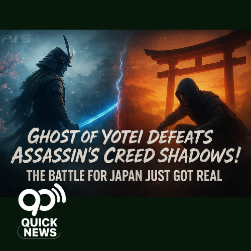 Ghost of Yotei vs Assassin’s Creed Shadows thumbnail showing samurai and assassin face-off under Japanese sunset — symbolizing PS5 sales battle and gaming rivalry.
