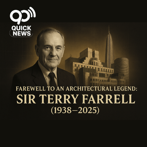 "A tribute image of Sir Terry Farrell, legendary British postmodern architect, featuring the iconic MI6 Building in London along with his famous global skyscrapers. Text overlay reads: Farewell to an Architectural Legend: Sir Terry Farrell (1938–2025)."