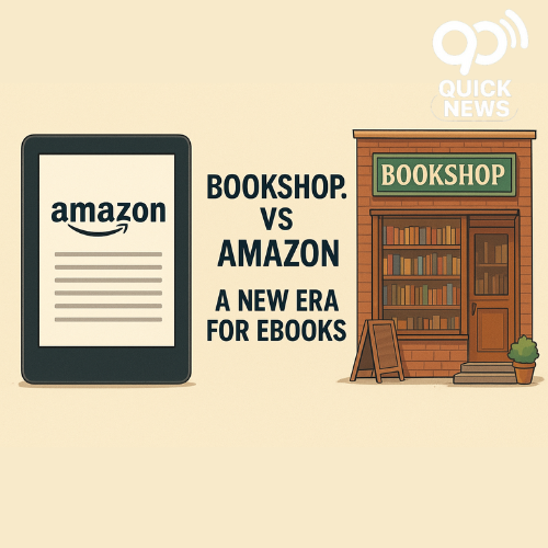 "A digital illustration showing the contrast between Amazon Kindle and Bookshop.org. On one side, a sleek ebook reader with the Amazon logo; on the other, a cozy independent bookshop filled with books. Text overlay reads: Bookshop.org vs Amazon – A New Era for Ebooks."