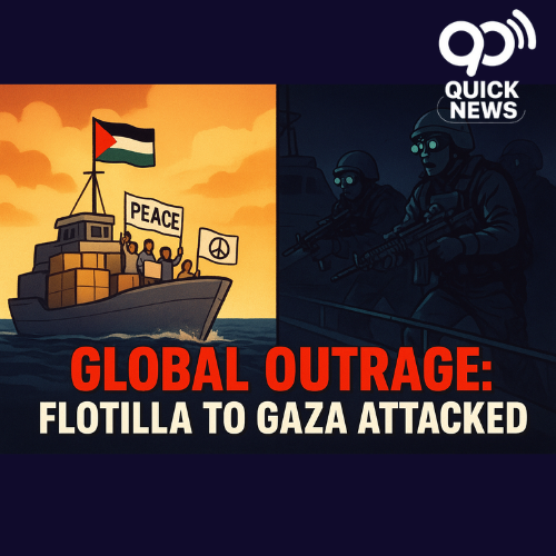 Digital graphic showing the Global Sumud Flotilla carrying humanitarian aid to Gaza, intercepted by Israeli forces, symbolizing international outrage and solidarity with Palestine."