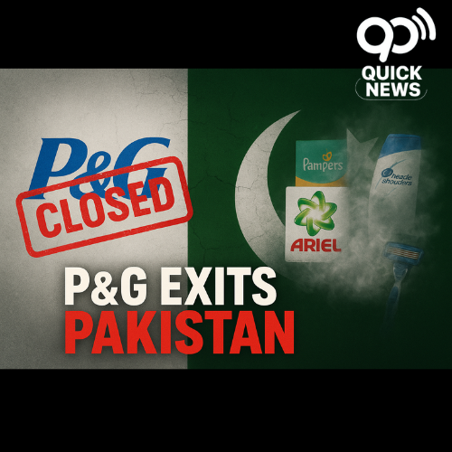 "Procter & Gamble exits Pakistan – P&G logo fading with Ariel, Pampers, Head & Shoulders, and Gillette products disappearing, set against a cracked Pakistani flag background."