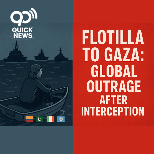 A split-screen digital graphic. On the left, a young activist sits on a small boat in dark waters as navy ships approach in the distance, symbolizing tension. On the right, a bold red background with white text reads: ‘Flotilla to Gaza: Global Outrage After Interception.’ At the bottom, small flags of Colombia, Pakistan, Ireland, and the United Nations highlight international reactions.”