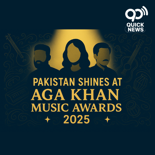 "Thumbnail showing three Pakistani musicians — Ustad Naseeruddin Saami, Juman Latif, and Ustad Noor Bakhsh — under stage spotlights with golden musical patterns in the background, highlighting Pakistan’s recognition at the Aga Khan Music Awards 2025."