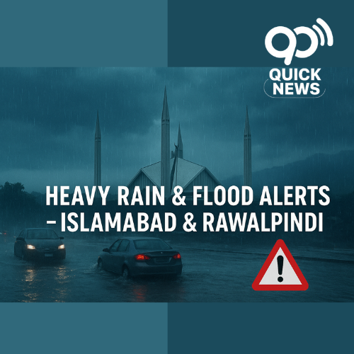 “Thumbnail graphic showing Islamabad’s Faisal Mosque under dark storm clouds with heavy rain falling. Flooded streets in the foreground with cars driving through water. Bold white text reads: ‘Heavy Rain & Flood Alerts – Islamabad & Rawalpindi’. A red warning triangle with an exclamation mark is placed in the corner, emphasizing urgency.”