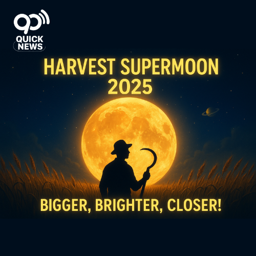 A golden-orange supermoon rises above a wheat field under a starry night sky, with Saturn faintly visible. A silhouetted farmer holding a sickle looks up at the glowing moon. Bold glowing text reads: “Harvest Supermoon 2025 – Bigger, Brighter, Closer!” in golden yellow against a deep navy background.